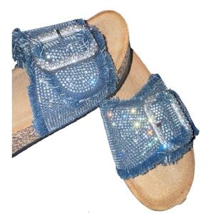 Blue Denim Slide Sandals with Rhinestone Buckle sz 5.5 Women’s